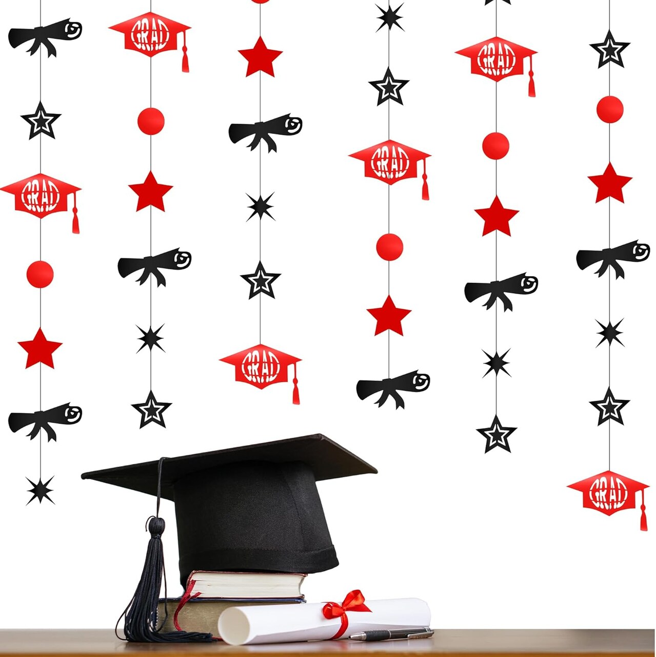 52ft - 4 Pack Black and Red Hat Diploma Graduation Decorations 2025